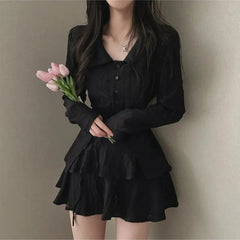 Voguable Harajuku Simple Fashion Skirts Set Women French Solid Chic Top Shirts + Mini Cake Skirt Office Korean Design Casual 2 Piece Sets voguable