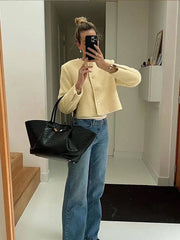 Women Elegant Solid Single Breasted Cropped Jacket Autumn Lady Long Sleeve O-neck Short Coat Fashion Female Commuting Outerwear voguable