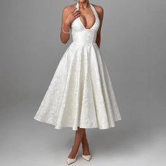 Elegant Sexy Evening Party Dresses Women Korean Style Halter V-neck Dress Sweet Backless Yellow Summer Solid Midi Dress voguable