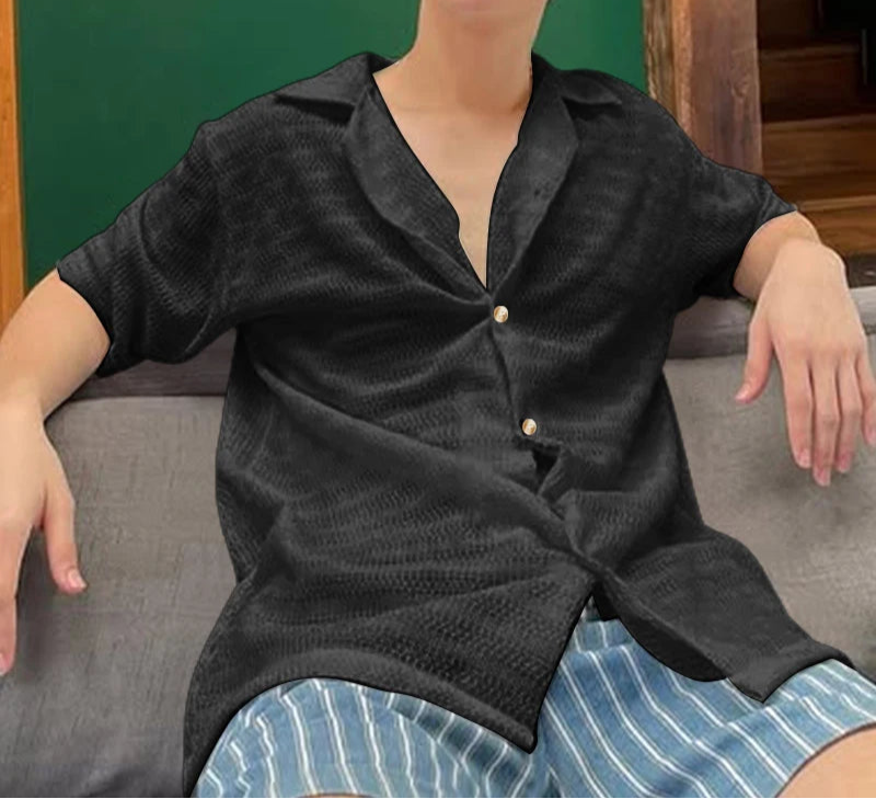 Summer Men Shirt Mesh Transparent Lapel Short Sleeve Streetwear Men Clothing 2025 Solid Color Sexy Oversize Male Shirts voguable