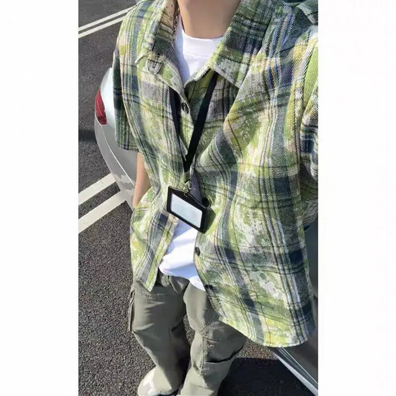 Summer Short Sleeved Shirt Men Retro Plaid Shirt Men Streetwear Hip-hop Loose Tie Dye Shirt Man Fashion Shirts Plus Size 4XL voguable