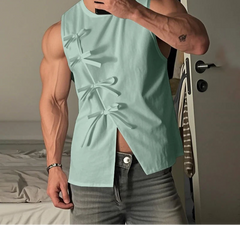 Summer Sleeveless Men Tanks Tops Bow Solid Color O Neck Tops Tee Male Vests Fashion Oversize Streetwear Slit Tops S-5XL voguable
