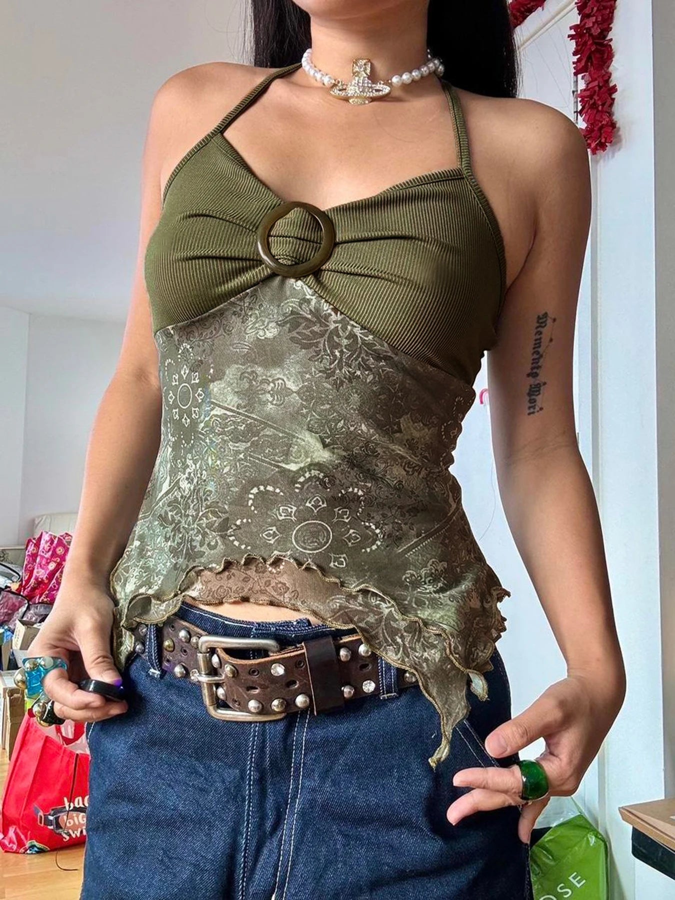Voguable Boho Vintage Print Mesh Patchwork Crop Top Women V Neck Camis Y2K Streetwear Female Coquette Aesthetic Clothes 2024 voguable