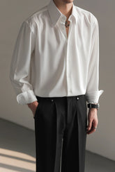 Black White Shirt Men Fashion Social Mens Dress Shirt Korean Loose Long Sleeved Shirt Mens Office Formal Shirts Ice Silk M-2XL voguable