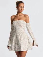 Lace Off-shoulder Backless Sexy Mini Dress Women Elegant Strapless Long Sleeve High Waist A-line Club Party Dress New voguable