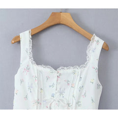 YENKYE Sexy Slim Fit Short Floral Print Dress For Women Sleeveless Lacing Up A Line Holiday Party Dresses Summer Corset Robe voguable