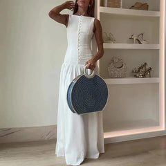 Dresses Spring Summer K-Style Skinny Fit Single Breasted Sleeveless Boat Neck Maxi Bodycon Casual Dresses For Women voguable