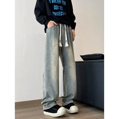 Men's Jeans Elastic waist pull rope Korean Fashion Spring Straight Denim Pants Washed Cotton Retro Wide Leg Jean Trousers