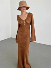 White Knit Fashion Cover up Maxi Dress Female See-Through V-Neck Hollow Out Beach Holiday Dress Knitwear Backless Dress voguable