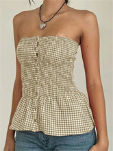 Y2k Red Gingham Crop Top Womean Sexy Strapless Ruffle Hem Sleeveless Button Cami Coquette Aesthetic Plaid Print Crop Top Summer voguable