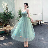 Women's Fairy Spaghetti Strap Midi Dresses Elegant French Mesh 3D Floral Sexy Halther Lace-up Vestidos Beach Holiday Chic New voguable