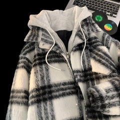 Fake Two-piece Hooded Plaid Jackets for Men and Women Winter Jacket Men 2024 New Loose Casual Zipper American Couple Coats voguable