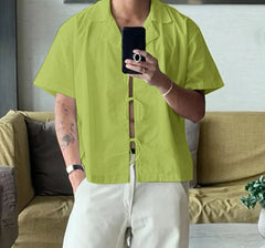 Men Shirt Solid Lapel Short Sleeve Button Hollow Out Male Tops Shirts Summer Loose 2025 Fashion Men Clothing Streetwear voguable