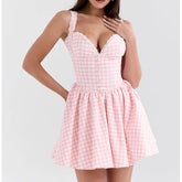 Sexy Elegant Pink Sling Mini Dress For Women Lace Trim Slim Summer Holiday Dresses Graduation Robe Bridesmaids Clothes voguable