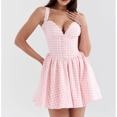 Sexy Elegant Pink Sling Mini Dress For Women Lace Trim Slim Summer Holiday Dresses Graduation Robe Bridesmaids Clothes voguable