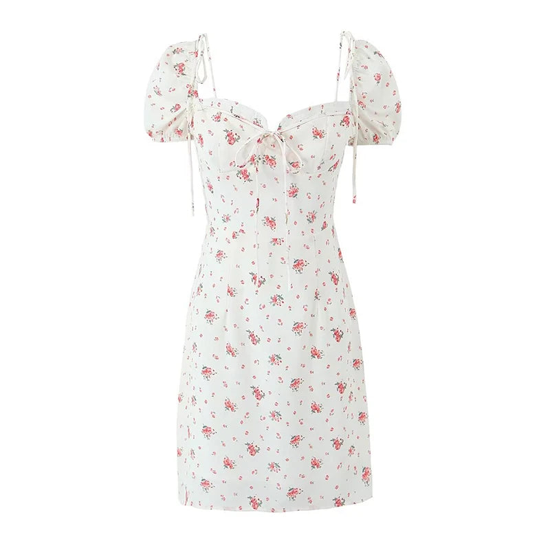 Sexy Elegant Women French Style Floral Print Dress Vintage Puff Sleeve Female Summer Holiday Party Dresses Slim Mini Robe voguable