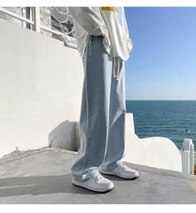 Korean Fashion Men's Baggy Jeans Classic All-match Solid Color Straight-leg Denim Wide-leg Pants Male Light Blue Grey Black voguable