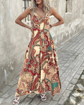 Voguable Summer Vacation Bohemian Vintage Paisley Tribe V-neck Slightly Stretched Printed Wide Leg jumpsuit voguable