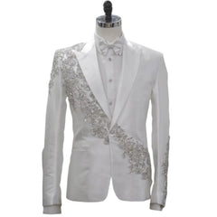 Voguable Luxury Men's Suits Tailored Beaded Appliques Crystals 2 Pieces Blazer with White Pants Peaked Lapel Formal Wedding Tuxedo voguable