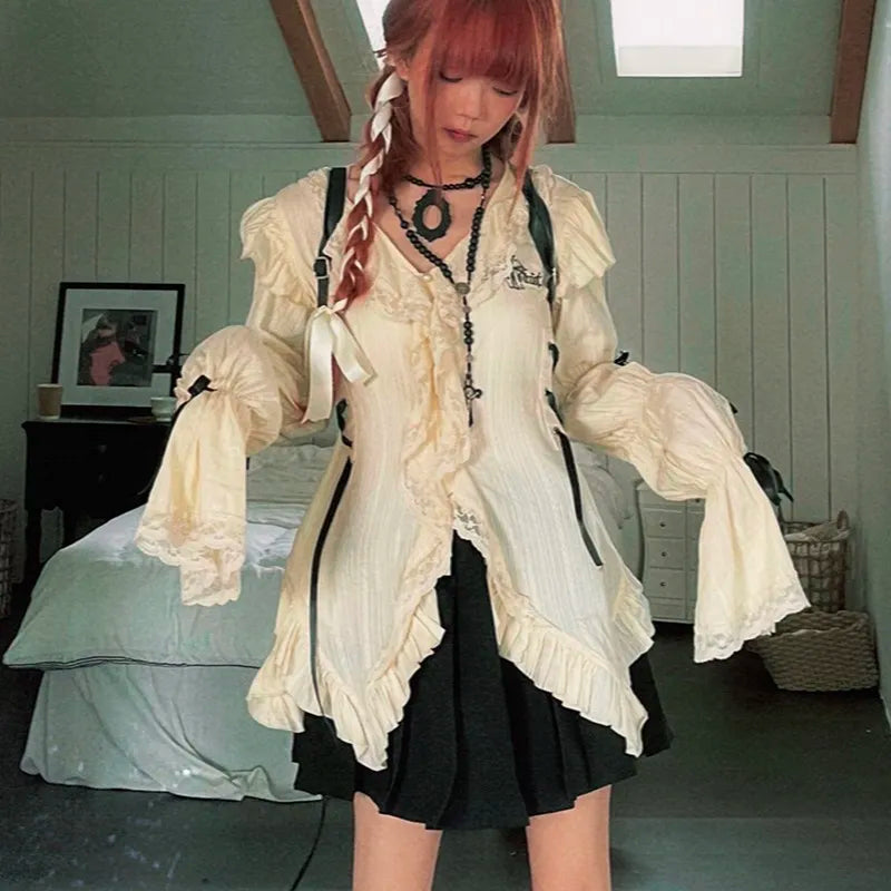 Y2k Aesthetics Lace Shirt Grunge Gothic Irregular Blouses Fairy Harajuku Bandage Shirt Vintage Lolita Clothes Mall Goth voguable