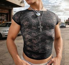 Summer Men T Shirt Lace Transparent O-neck Sleeveless Sexy Crop Tops Men Tees Streetwear 2025 Fashion Men Clothing S-5XL voguable