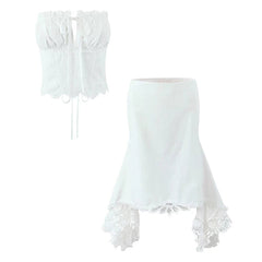 Women Hollow Out Embroidery White Strapless Top Sexy Backless Lacing Up Back Holiday Summer Crop Top Cotton voguable