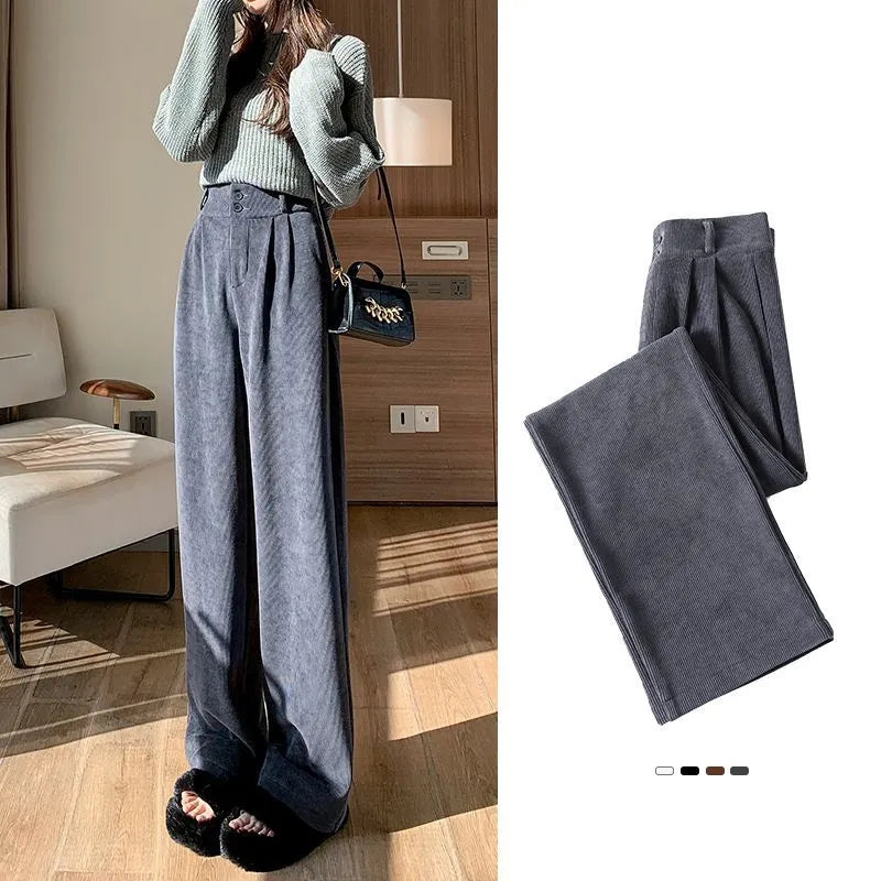 Korean Fashion Women's Pants Winter Plus Velvet Wide Leg Pants Casual Woman Pant High Waist Straight Women Loose Trousers voguable