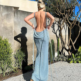 Cryptographic Elegant Fashion Halter Sexy Backless Draped Maxi Dress Women Summer Club Party Long Straps Shift Dresses Clothes voguable