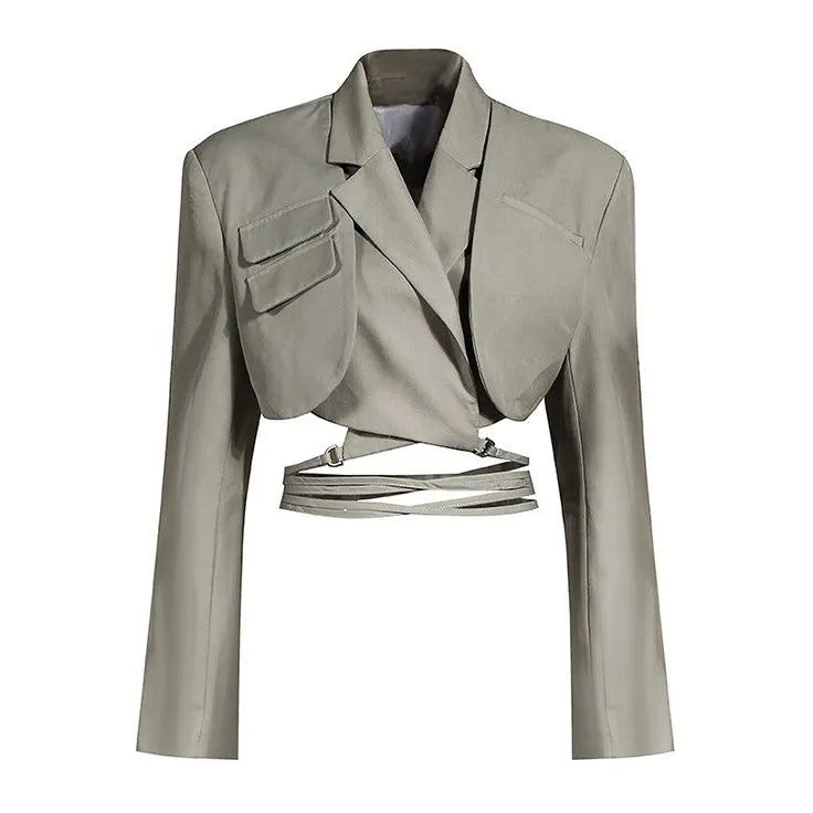 Gray Double Layer Bandage Slim Blazer Women Long Sleeve Pocket Short Jacket Female Notched Collar Outwear Tops New voguable
