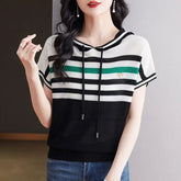 Voguable Women's Clothing Fashion Striped Short Sleeve Thin Ice Silk Knitted Hooded T Shirt Summer Female Casual Loose Pullover Tops voguable