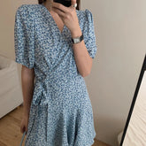 Voguable One Pieces Floral Women Dress Korean Lace Up Puff Sleeve Fashion Mini Dress V Neck Chic Casual Commuting Simple Female Dress voguable
