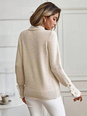 Autumn and winter women's lace decoration round neck long sleeved knitted sweater voguable