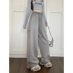American Style Pink Striped Sports Women Spring Autumn Casual Thicken Sweatpants Loose Straight Elastic Waist Wide Leg Trousers voguable