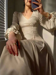 Classic French Dress Women's Long Sleeve V-neck Beaded Slim Solid Color Female Dresses Fashion Summer New voguable