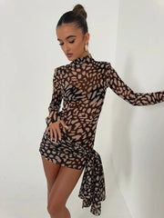 Mesh Leopard Print Sexy Mini Dress For Women Robe Fashion Turtleneck Draped Ruched High Waist Club Dress Vestido voguable