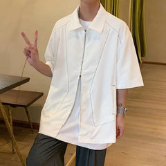 Voguable Summer Bright Thread Splicing Short-sleeved Shirt for Men Double Zippered Cardigan voguable