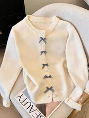 Cute Bow Women Cardigan Long Sleeve Lazy Wind Sweet Knitted Sweater Casual Loose Preppy Style Vintage Lady O Neck Fall Tops voguable
