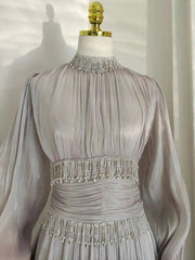 French Niche Design Diamond Spliced Pleats Bright Silk High Waist Dresses For Women Long Sleeve Maxi Dress New voguable