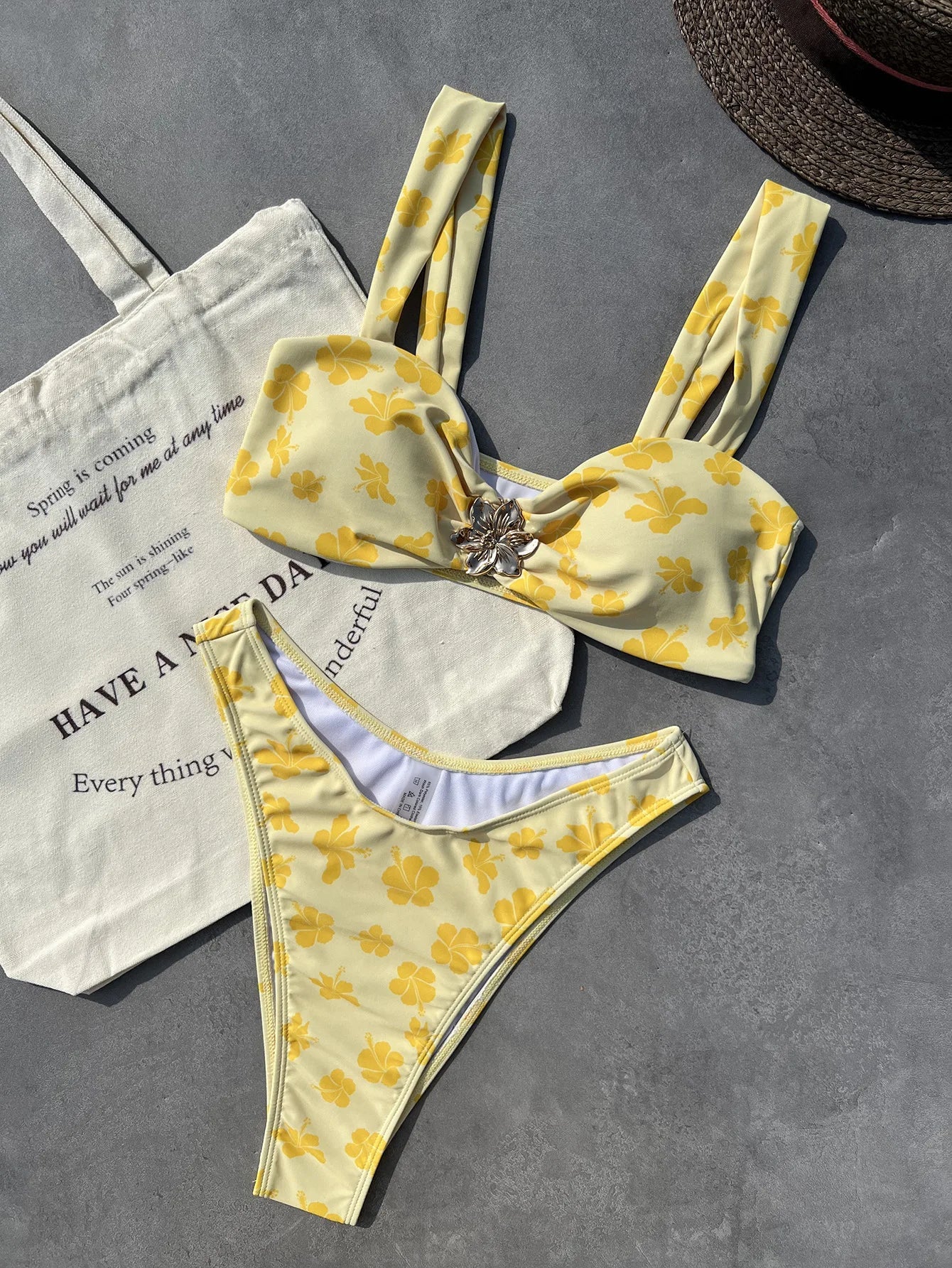 Voguable Sexy Yellow Floral Print Bikini Set Women Metal 3D Flower Pleate Push Up High Waist Swimsuit Summer Bathing Suit Swimwear voguable