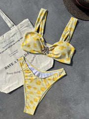 Voguable Sexy Yellow Floral Print Bikini Set Women Metal 3D Flower Pleate Push Up High Waist Swimsuit Summer Bathing Suit Swimwear voguable