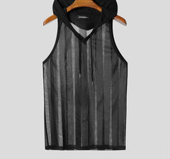 Men Tank Tops Striped Mesh See Through Sexy V Neck Sleeveless Male Vests Hooded Streetwear 2025 Fashion Men Clothing voguable