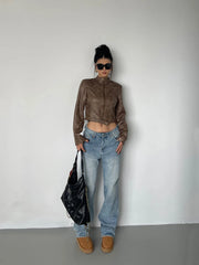 WOMENGAGA Stand Collar Jacket Leather Short Coat Women Autumn New Straight Tube Slim Short Motorcycle Jacket Korean Sweet D8FN voguable