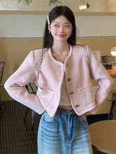 Pink Sweet Tweed Jackets Women Vintage O Neck Cute Elegant Long Sleeve Short Coats Retro Casual Single Breasted Pockets Outwear voguable