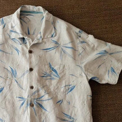 2025 New Chinese Breathable Sweat-absorbing Cotton Linen Japanese American Retro Bamboo Leaf Cuban Collar Shirt Ethnic Style Top voguable