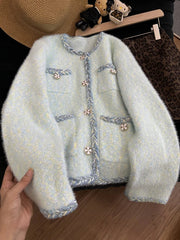 Faux Mink Cashmere Cardigan Coat Women Loose Sweet Long Sleeve Korean Knitted Jacket Sweater Fall Winter O Neck Cute Fashion Top voguable