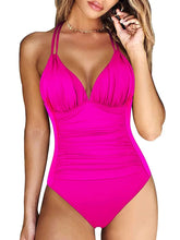 Voguable Sexy Solid Laced Up Pleated One Piece Swimsuit Women Beach Vacation Bikinis New All Season Backless One Piece Swimsuit voguable