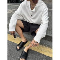 Large Size Men Clothing Textured Pleated Oversized T Shirt Men Button Placket Pullover Henley Collar Loose Long Sleeve T Shirts voguable