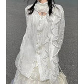 Voguable Vintage Pleated Solid Color All-match Long-sleeved Shirt Women 2024 Spring New Polo Collar Single-breasted Loose Casual Tops voguable