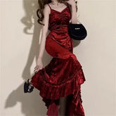 Voguable Winter French Vintage Velvet Long Dress Women Elegant Slim Spaghetti Strap Folds Dress Sexy Casual Evening Party Y2k Dress voguable