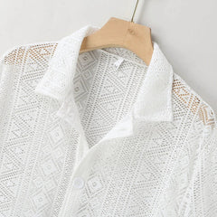 Summer Men's Clothing Mesh See Through Mesh Sexy Shirt Short Sleeve Fishnet Button-down Retro Chic Streetwear Party Blouse S-5XL voguable